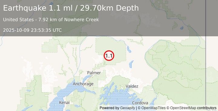 Earthquake 46 km NNW of Glacier View, Alaska (1.1 ml) (2025-10-09 23:53:35 UTC)