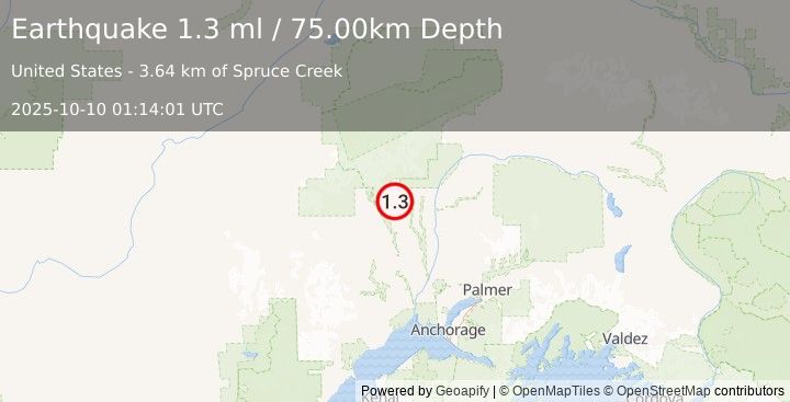 Earthquake 12 km SW of Petersville, Alaska (1.3 ml) (2025-10-10 01:14:01 UTC)