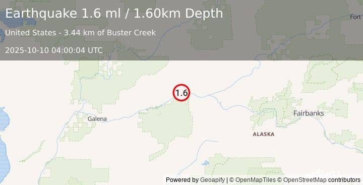 Earthquake 55 km W of Tanana, Alaska (1.6 ml) (2025-10-10 04:00:04 UTC)