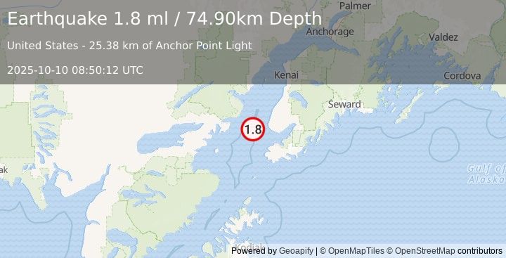 Earthquake 27 km WSW of Anchor Point, Alaska (1.8 ml) (2025-10-10 08:50:12 UTC)