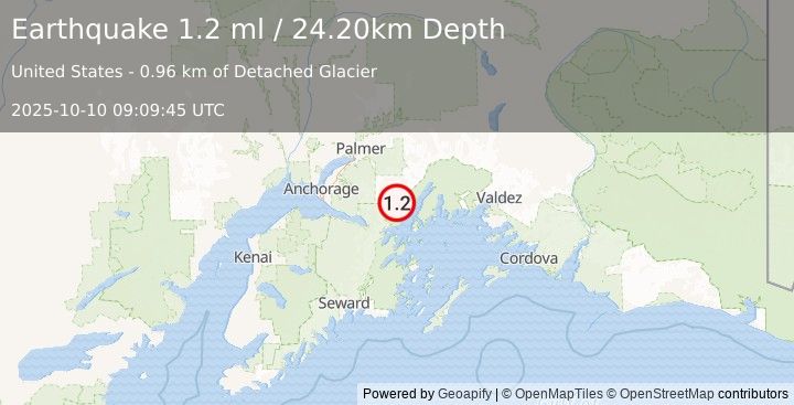 Earthquake 37 km NNE of Whittier, Alaska (1.2 ml) (2025-10-10 09:09:45 UTC)