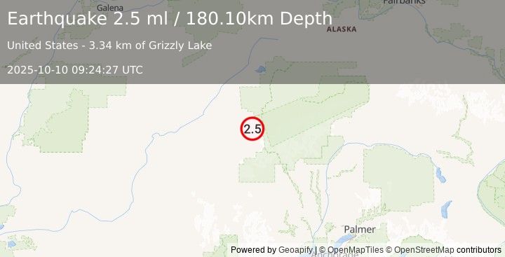 Earthquake 58 km SSW of Denali National Park, Alaska (2.4 ml) (2025-10-10 09:24:30 UTC)