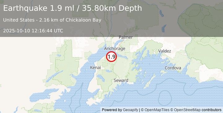 Earthquake 26 km W of Hope, Alaska (1.9 ml) (2025-10-10 12:16:44 UTC)