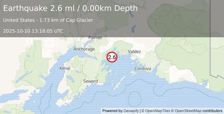 Earthquake 44 km ENE of Whittier, Alaska (1.5 ml) (2025-10-10 13:18:04 UTC)