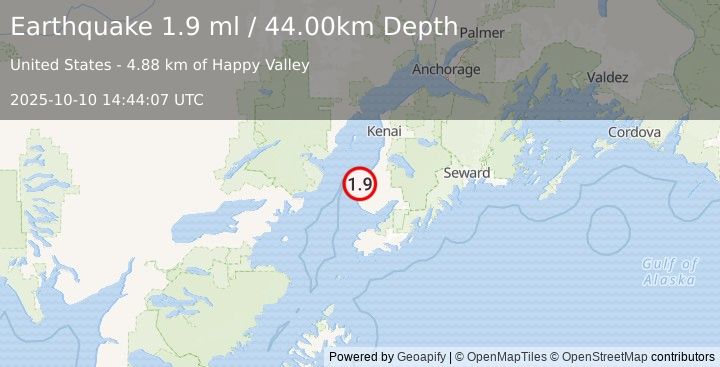Earthquake 4 km NW of Happy Valley, Alaska (1.9 ml) (2025-10-10 14:44:07 UTC)