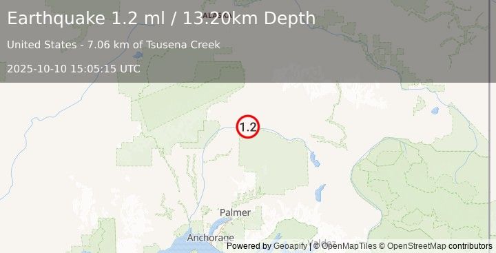 Earthquake 59 km SSE of Cantwell, Alaska (1.2 ml) (2025-10-10 15:05:15 UTC)