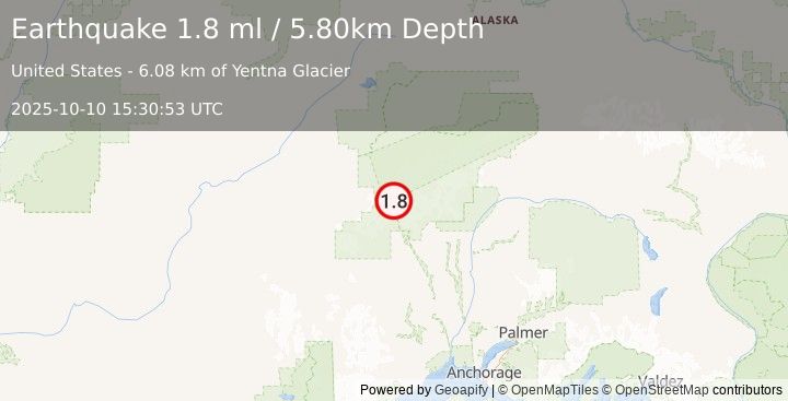 Earthquake 61 km NW of Petersville, Alaska (1.8 ml) (2025-10-10 15:30:53 UTC)