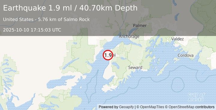 Earthquake 7 km WSW of Kenai, Alaska (1.9 ml) (2025-10-10 17:15:02 UTC)