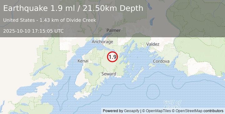 Earthquake 24 km NNE of Moose Pass, Alaska (1.9 ml) (2025-10-10 17:15:05 UTC)