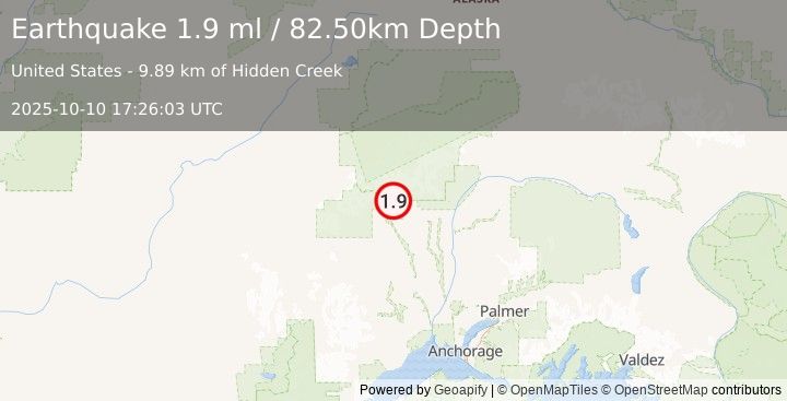 Earthquake 33 km WNW of Petersville, Alaska (1.9 ml) (2025-10-10 17:26:03 UTC)