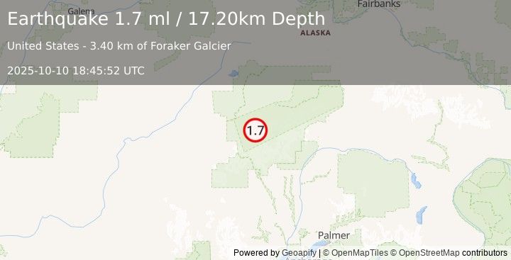 Earthquake 48 km S of Denali National Park, Alaska (1.7 ml) (2025-10-10 18:45:52 UTC)