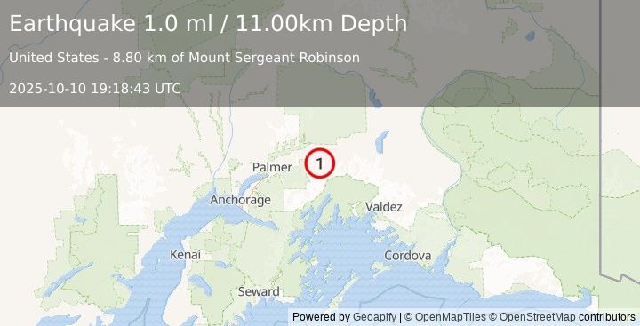 Earthquake 23 km SW of Glacier View, Alaska (1.0 ml) (2025-10-10 19:18:43 UTC)