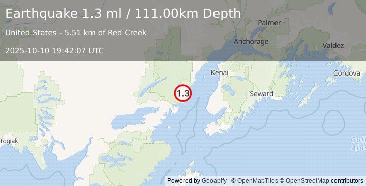 Earthquake 64 km WNW of Happy Valley, Alaska (1.3 ml) (2025-10-10 19:42:07 UTC)