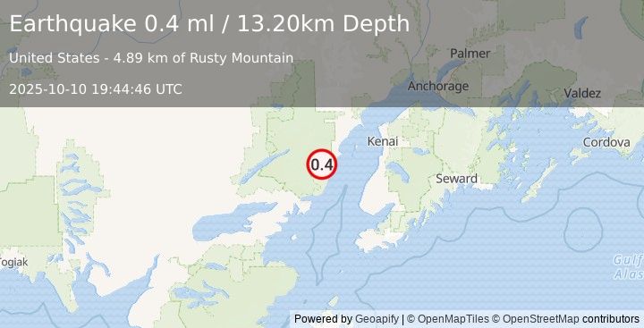 Earthquake 65 km WNW of Ninilchik, Alaska (0.4 ml) (2025-10-10 19:44:46 UTC)