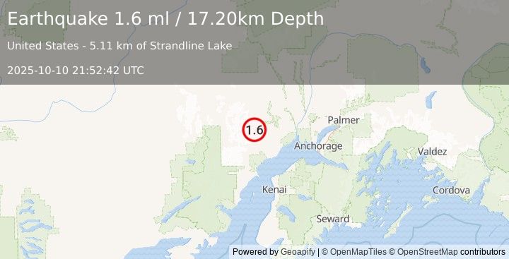 Earthquake 55 km NW of Beluga, Alaska (1.6 ml) (2025-10-10 21:52:42 UTC)