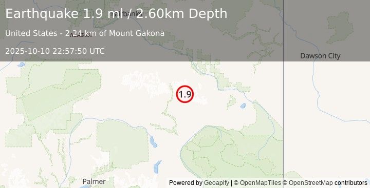 Earthquake 33 km NE of Paxson, Alaska (1.9 ml) (2025-10-10 22:57:50 UTC)