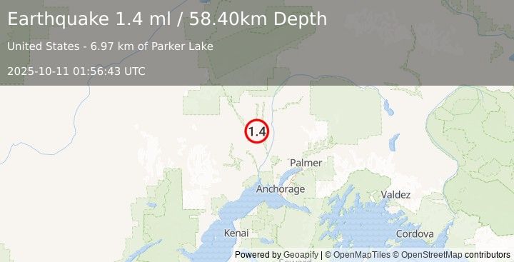 Earthquake 35 km SW of Trapper Creek, Alaska (1.4 ml) (2025-10-11 01:56:43 UTC)