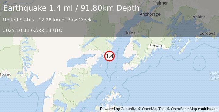 Earthquake 56 km W of Anchor Point, Alaska (1.4 ml) (2025-10-11 02:38:13 UTC)