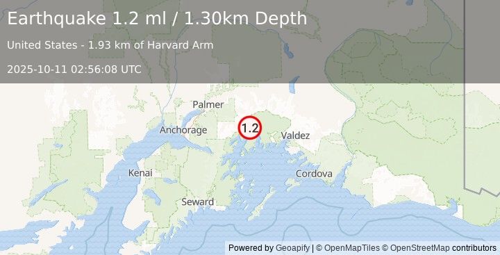 Earthquake 62 km S of Glacier View, Alaska (1.2 ml) (2025-10-11 02:56:08 UTC)