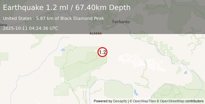Earthquake 9 km WSW of Healy, Alaska (1.2 ml) (2025-10-11 04:24:36 UTC)