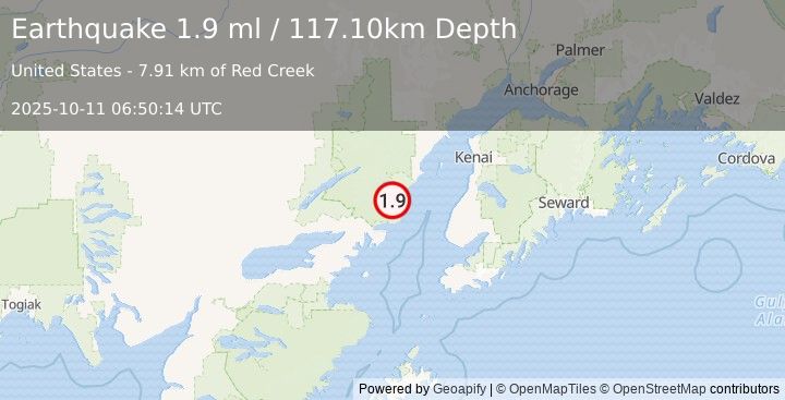 Earthquake 67 km WNW of Happy Valley, Alaska (1.9 ml) (2025-10-11 06:50:14 UTC)