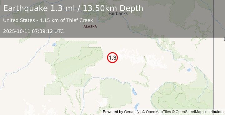 Earthquake 43 km ENE of Cantwell, Alaska (1.3 ml) (2025-10-11 07:39:12 UTC)