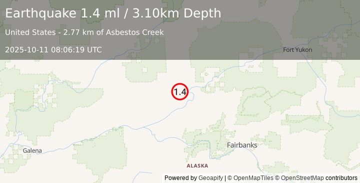 Earthquake 37 km NNW of Rampart, Alaska (1.4 ml) (2025-10-11 08:06:19 UTC)