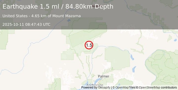 Earthquake 60 km NNE of Petersville, Alaska (1.5 ml) (2025-10-11 08:47:41 UTC)