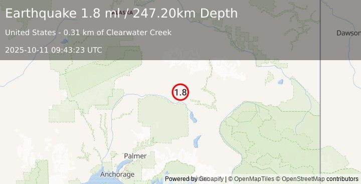 Earthquake 75 km NNW of Lake Louise, Alaska (1.8 ml) (2025-10-11 09:43:23 UTC)