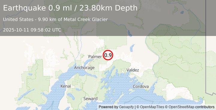 Earthquake 22 km SE of Chickaloon, Alaska (0.9 ml) (2025-10-11 09:58:02 UTC)
