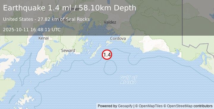Earthquake 79 km SW of Cordova, Alaska (1.4 ml) (2025-10-11 16:48:11 UTC)