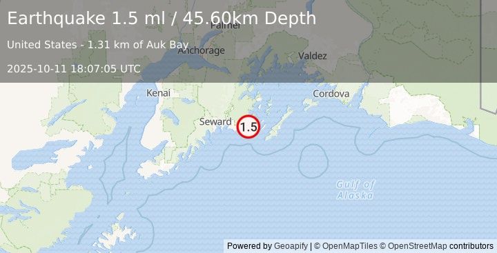 Earthquake 21 km WSW of Chenega, Alaska (1.5 ml) (2025-10-11 18:07:05 UTC)