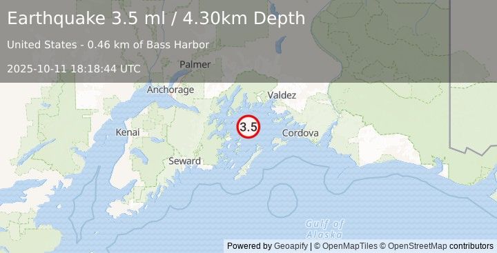 Earthquake 47 km WSW of Tatitlek, Alaska (3.6 ml) (2025-10-11 18:18:46 UTC)