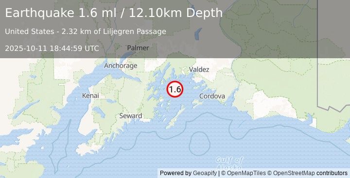 Earthquake 45 km WSW of Tatitlek, Alaska (1.6 ml) (2025-10-11 18:44:59 UTC)
