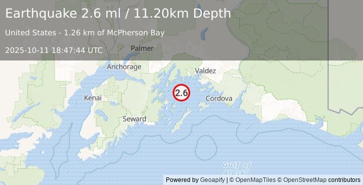 Earthquake 44 km WSW of Tatitlek, Alaska (2.6 ml) (2025-10-11 18:47:44 UTC)