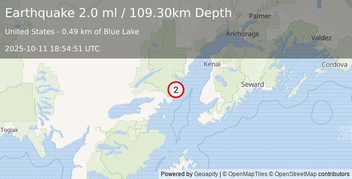 Earthquake 63 km WNW of Anchor Point, Alaska (2.0 ml) (2025-10-11 18:54:51 UTC)
