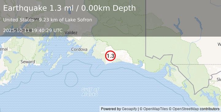 Earthquake 126 km ESE of Cordova, Alaska (1.3 ml) (2025-10-11 19:40:29 UTC)