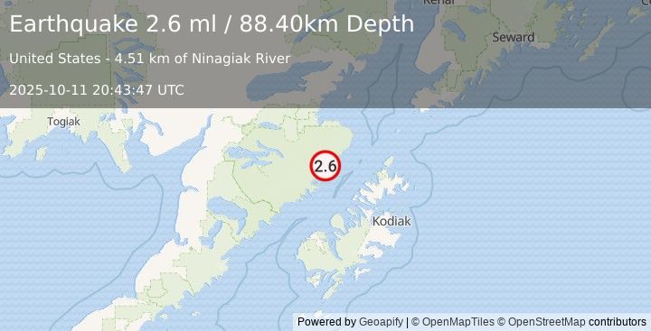 Earthquake 81 km NW of Aleneva, Alaska (2.6 ml) (2025-10-11 20:43:47 UTC)
