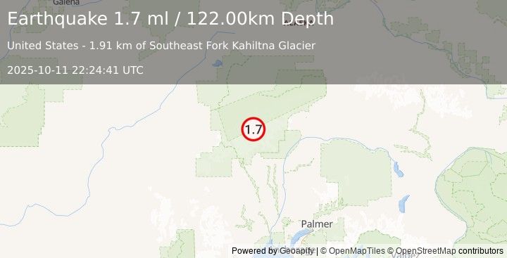 Earthquake 55 km NNW of Petersville, Alaska (1.7 ml) (2025-10-11 22:24:41 UTC)