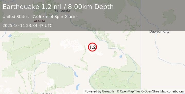 Earthquake 32 km SW of Dry Creek, Alaska (1.2 ml) (2025-10-11 23:34:47 UTC)