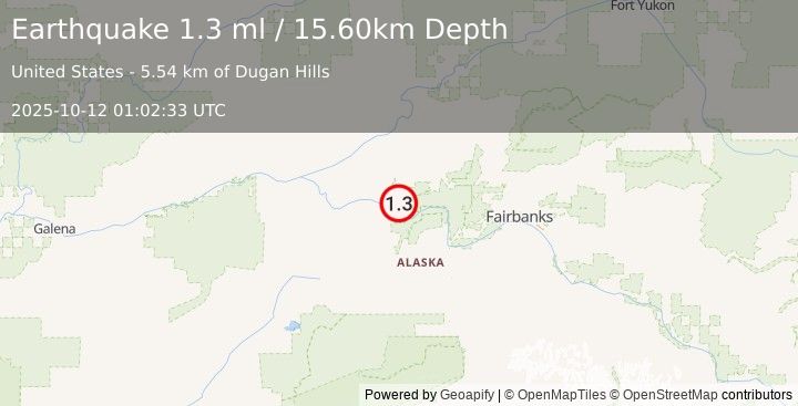 Earthquake 28 km ESE of Manley Hot Springs, Alaska (1.3 ml) (2025-10-12 01:02:34 UTC)