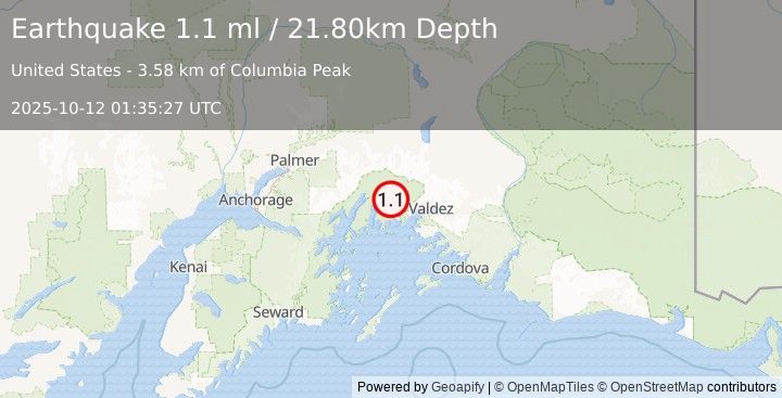 Earthquake 44 km WNW of Valdez, Alaska (1.1 ml) (2025-10-12 01:35:27 UTC)