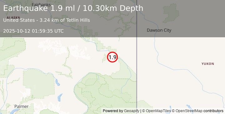 Earthquake 12 km NW of Tetlin, Alaska (1.9 ml) (2025-10-12 01:59:35 UTC)