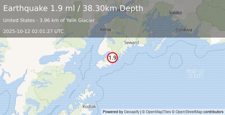 Earthquake 25 km E of Halibut Cove, Alaska (1.9 ml) (2025-10-12 02:01:27 UTC)