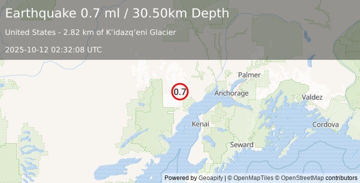 Earthquake 58 km WNW of Tyonek, Alaska (0.7 ml) (2025-10-12 02:32:08 UTC)