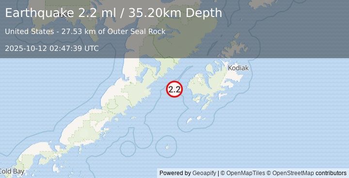 Earthquake 60 km WSW of Karluk, Alaska (2.2 ml) (2025-10-12 02:47:39 UTC)