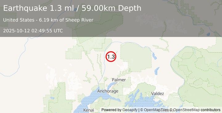 Earthquake 23 km ENE of Talkeetna, Alaska (1.3 ml) (2025-10-12 02:49:55 UTC)