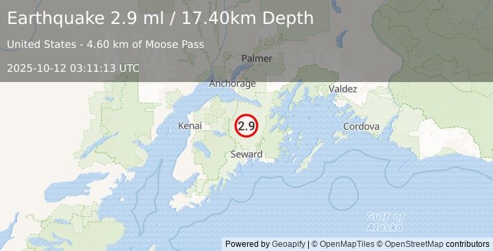 Earthquake 8 km NNW of Moose Pass, Alaska (2.9 ml) (2025-10-12 03:11:13 UTC)
