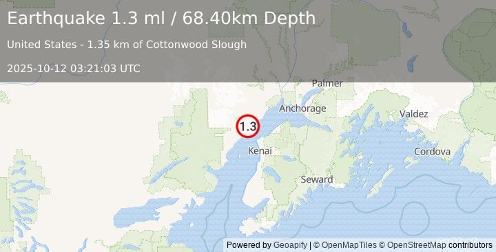 Earthquake 30 km WSW of Tyonek, Alaska (1.3 ml) (2025-10-12 03:21:03 UTC)