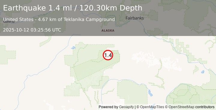 Earthquake 38 km WSW of Denali Park, Alaska (1.4 ml) (2025-10-12 03:25:56 UTC)